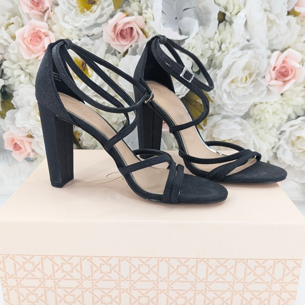 Badgley Mischka Black Glitter Sparkle Strappy High Heel Sandals Size 7